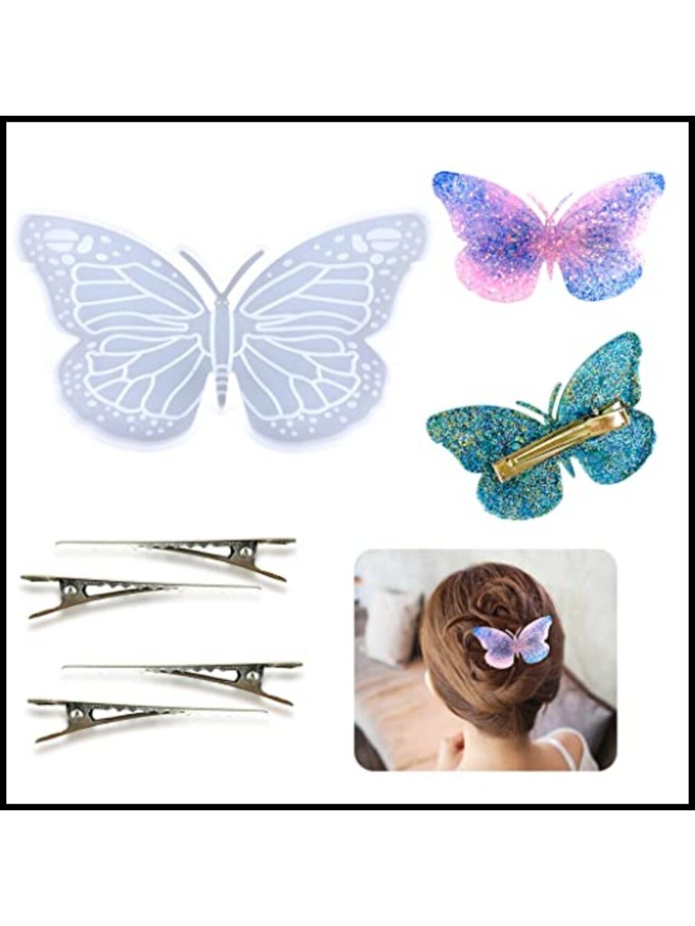 Butterfly Resin Mold with 4 Metal Hair Clips Silicone DIY Hairpin Making Set